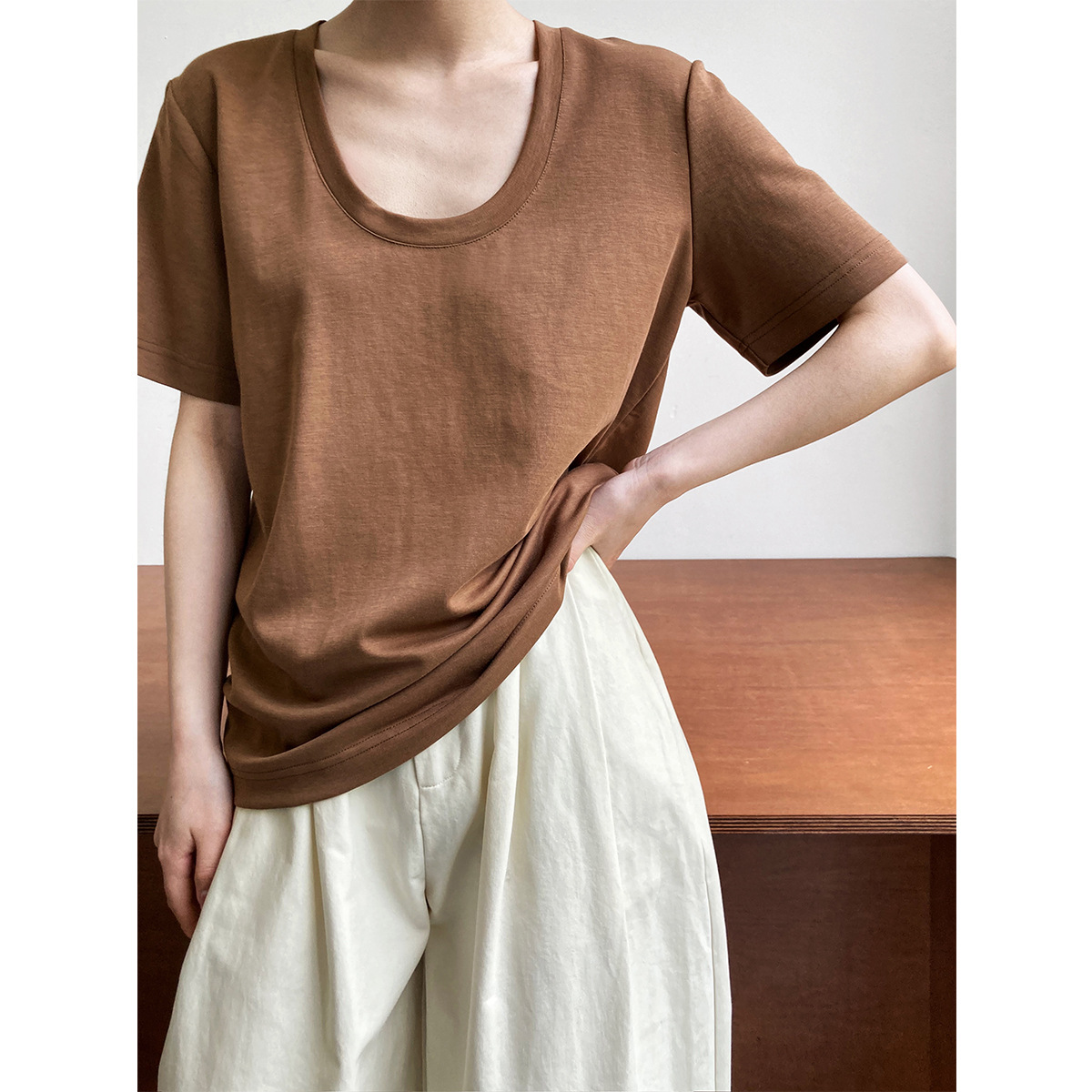 Lu Xi Simple Basic U-Neck Short-Sleeved T-Shirt Women Korean Relaxed Thin Lazy Casual Top Base Shirt 2576 details Picture