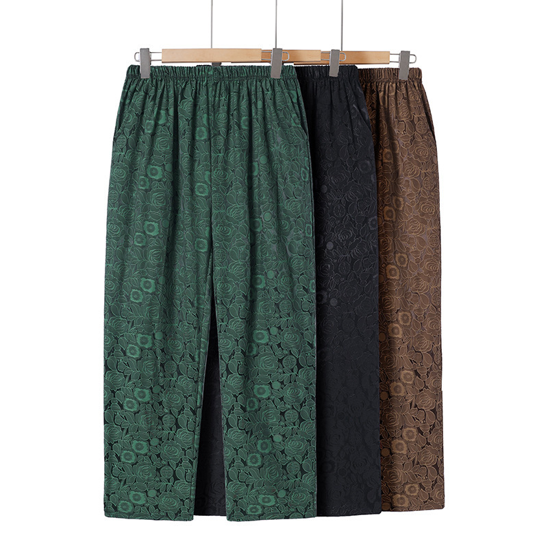 Mom's summer thin ice silk nine-inch pants, casual pants, loose women's pants for middle-aged and elderly people, elastic waisted straight-leg pants Specification image