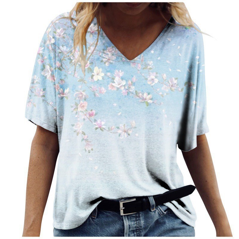New Amazon T-shirt cross-border manufacturer supply, loose cross-border 3DV collar short-sleeved T-shirt for women with printed MJ from Europe and America