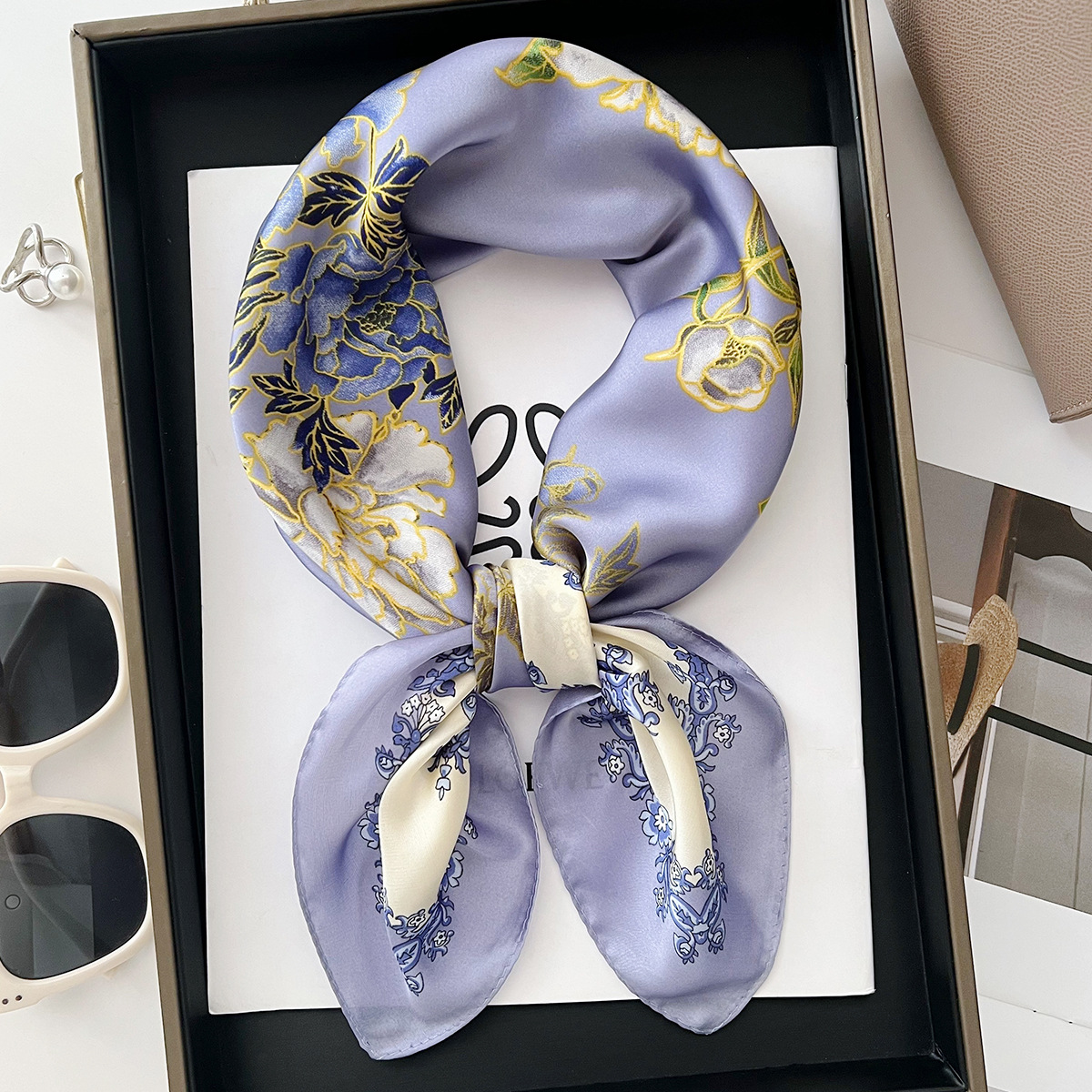 New spring and summer purple floral print silk scarves, women's autumn and winter warm shawls and scarves, fashionable professional decorative neckerchiefs