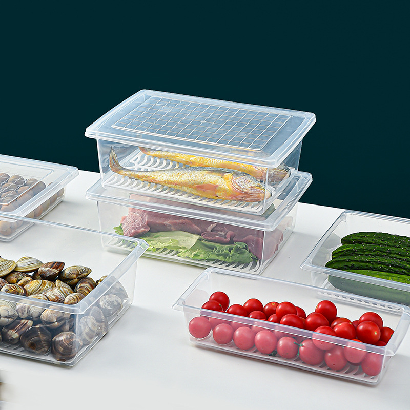 Kitchen draining fresh-keeping box, plastic fish box, seafood and vegetable rectangular refrigerator refrigeration anti-odor-mixing storage box manufacturer, 28*20.5*9 Item Picture
