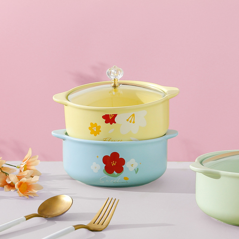 北欧ins陶瓷泡面碗带盖家用双耳汤碗清新花朵餐具学生宿舍饭菜碗