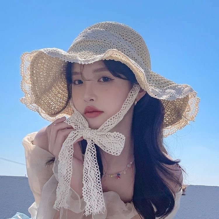 Straw hat, seaside hat, ins lace-tied straw woven hat, women's summer outing sun protection, beach sun hat, lace edge sun hat Specification image