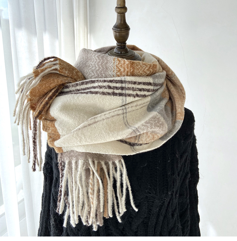 围巾女秋冬季跨境高级感仿羊绒格子流苏披肩学生加厚保暖围脖批发详情9