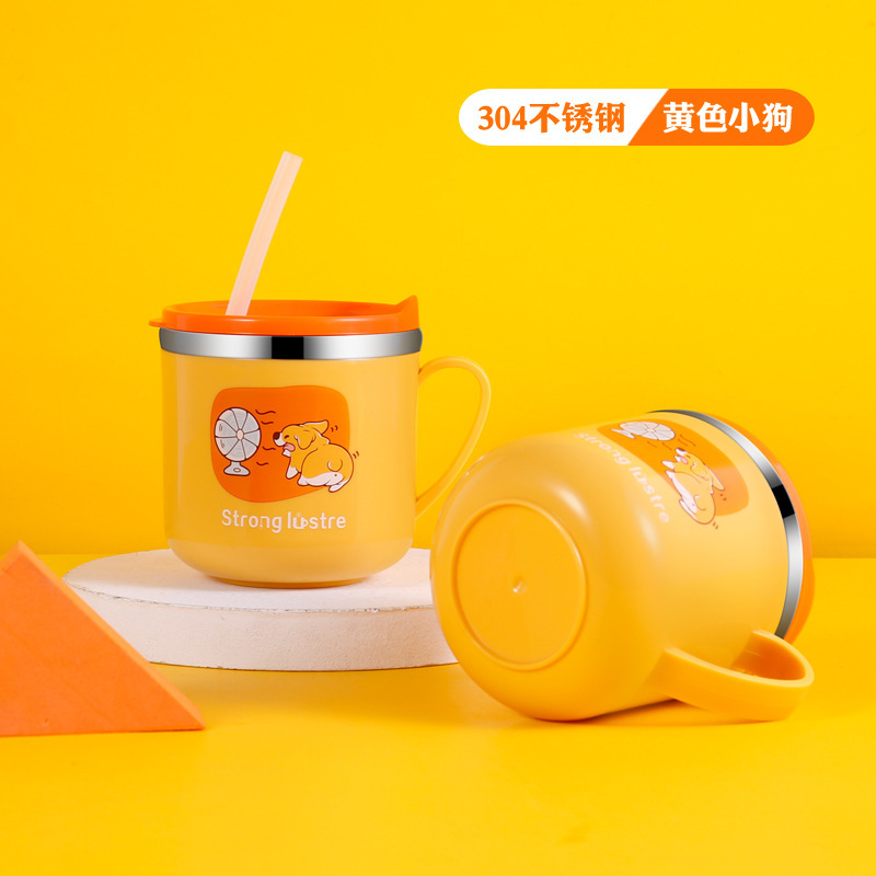 New 304 stainless steel children's water cup with lid and handle Children's milk cup with graduated drinking cup 9325 Item Picture