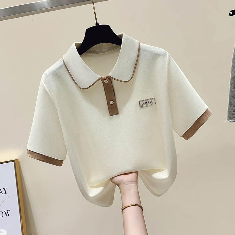 2024 Summer new style of niche design with a color-blocking doll-neck polo shirt, short-sleeved T-shirt, and sweet and spicy top for women Specification image