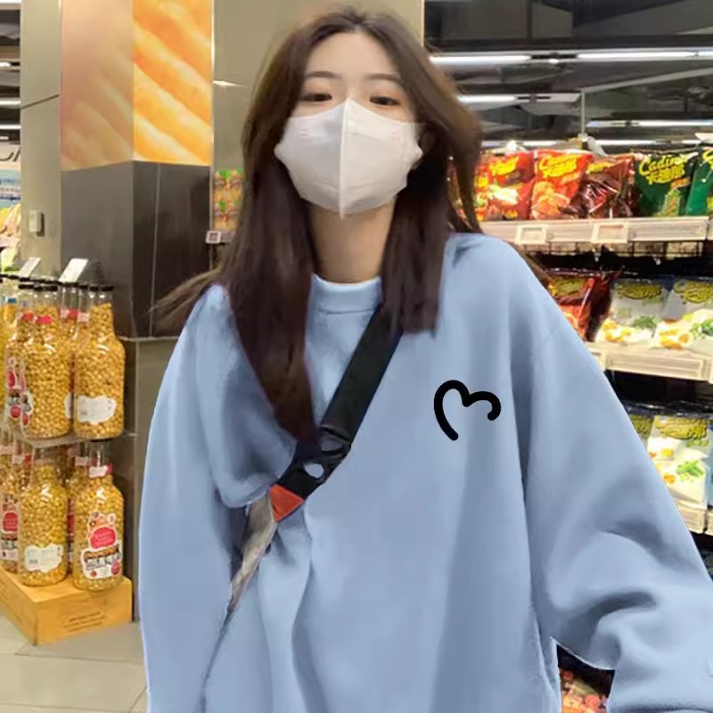 时尚蓝色圆领卫衣女春秋款2024秋季新款加绒欧货大版宽松外套上衣