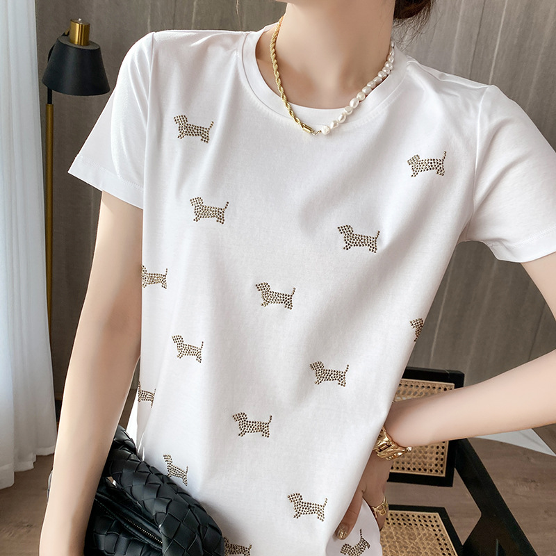 丝光棉短袖t恤女夏季新款设计感小众小狗烫钻白色纯棉上衣打底衫
