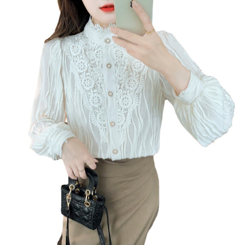 2022 Autumn/Winter new style fleece high-neck lace shirt chiffon shirt top, elegant base layer, fairy Item Picture