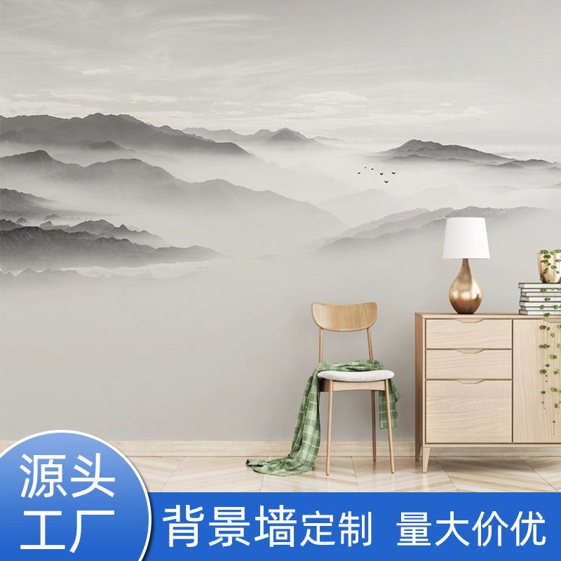 工装大型无缝壁布简约轻奢风室内电视背景墙壁画新中式墙布高级感