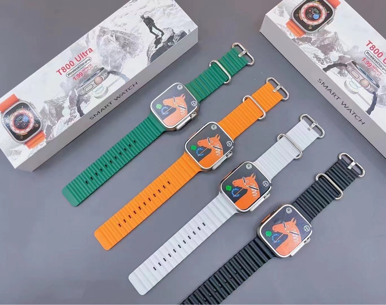 The T800Ultra smartwatch is a bestseller in Huaqiangbei. It features Bluetooth for making phone calls, heart rate control, and advanced technology for taking photos Application Scenario