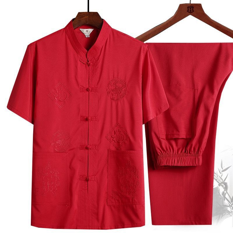 Tang Suit Male Father Summer Short Sleeve Suit Elderly Men Grandpa Chinese Dish Buckle Hanfu Male Large Size Shirt Specification drawing