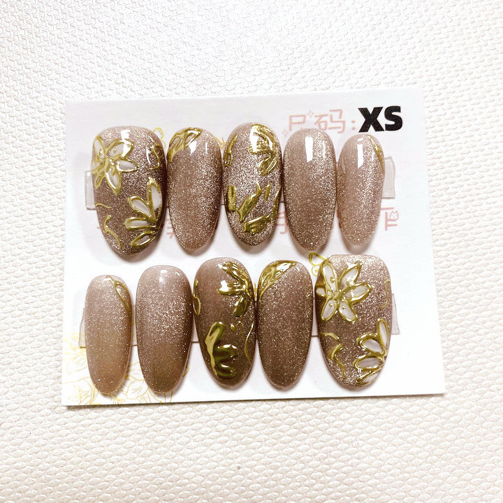 纯手工穿戴甲成品假指甲贴片果冻胶猫眼晕染贝壳钻鎏金10片xs号详情5