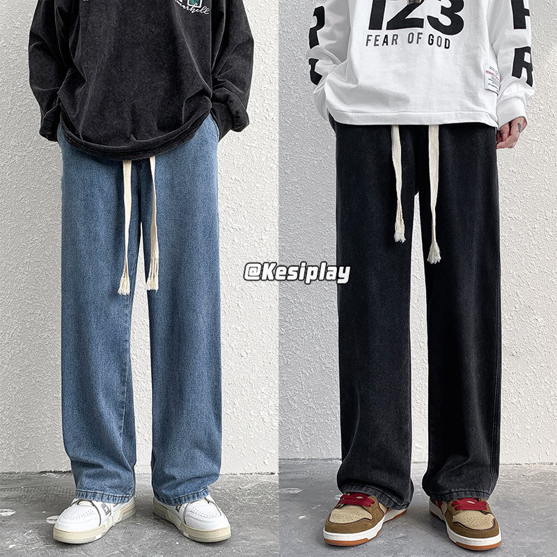 Jeans, men's casual pants, Hong Kong style 2022 Autumn new trendy brand simple floor-length loose trendy brand versatile wide-leg pants details Picture