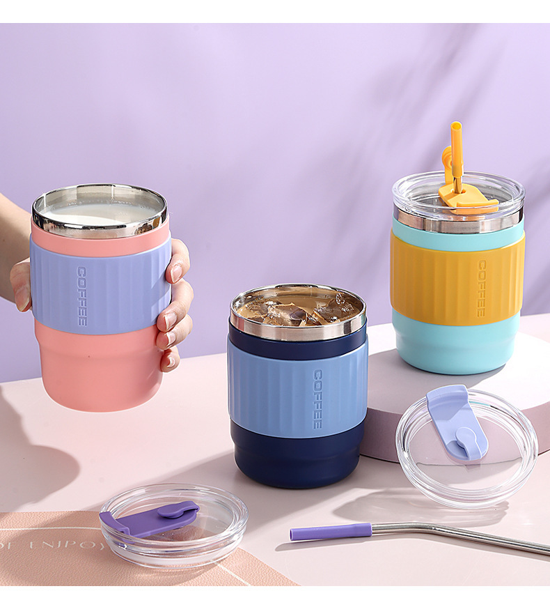 New simple silicone anti-scald stainless steel insulated cup with built-in straw drinking cup, ins style insulated lock cold water cup pic 8