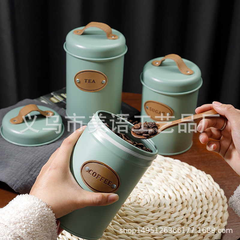 A Three-Piece Set Of New Nordic Dust-Proof Storage Cans With Leather Handles, Coffee Cans, Sugar Cans And Tea Cans In 2021