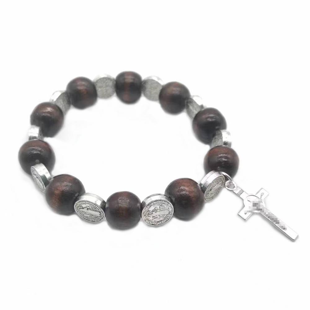 Europe And The United States Foreign Trade Amazon Hot Sell Cross Rosary Bracelet Wooden Beads + Saint Benedict Bracelet For Men And Women Couples Gift Elastic Beaded Jewelry Manufacturers Wholesale details Picture