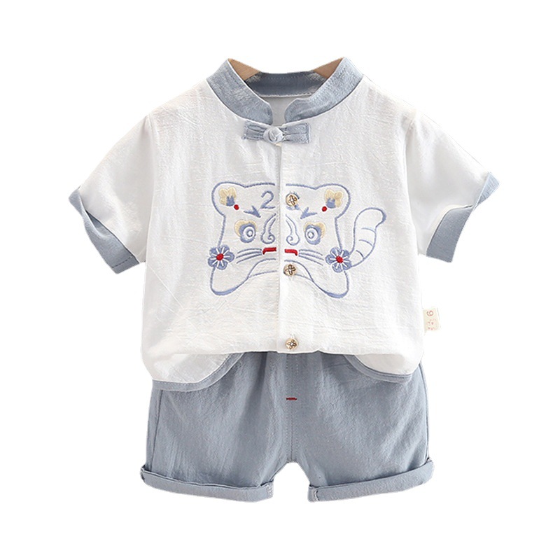 Niño chino estilo han bebé algodón lino manga corta ropa de estilo nacional para niños moda nacional para niños año del tigre conjunto de dos piezas Item Picture