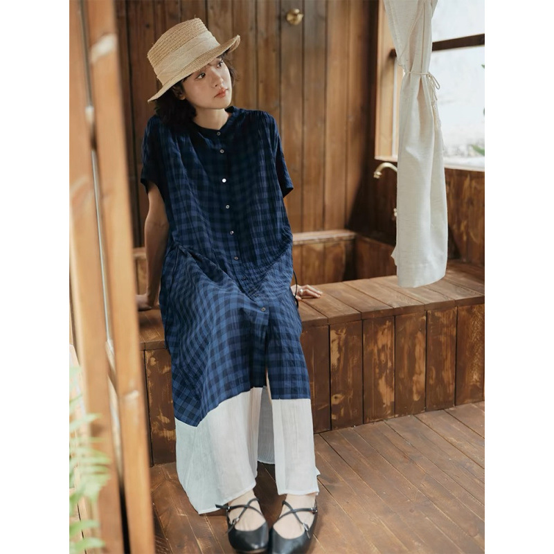 官方图2025夏季新款格子圆领拼接连衣裙休闲松弛感日系风格穿搭女