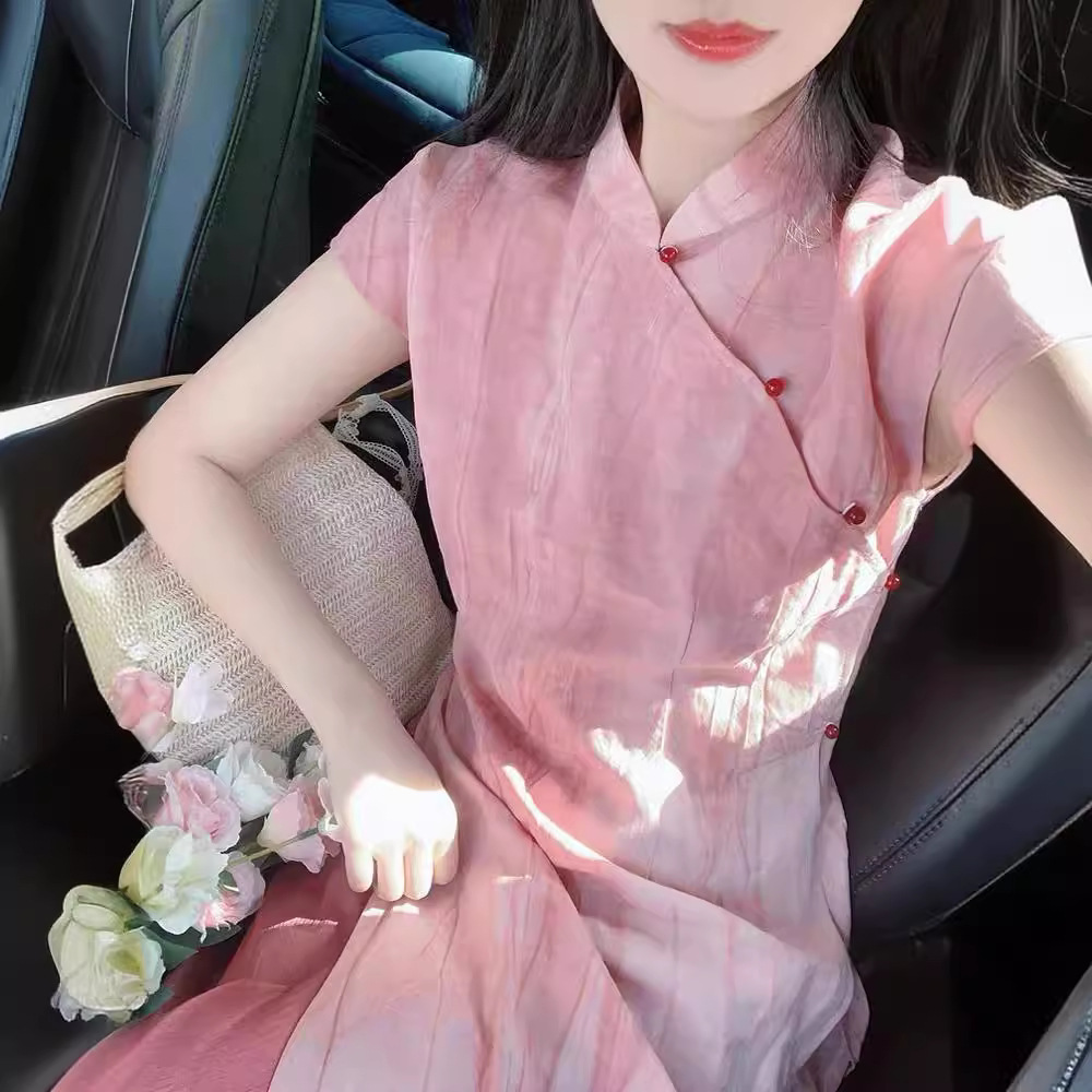 New Chinese-style women's clothing: peach pink traditional Chinese style stand-up collar improved cheongsam spring and summer new dress, fairy-like super fairy-like forest style