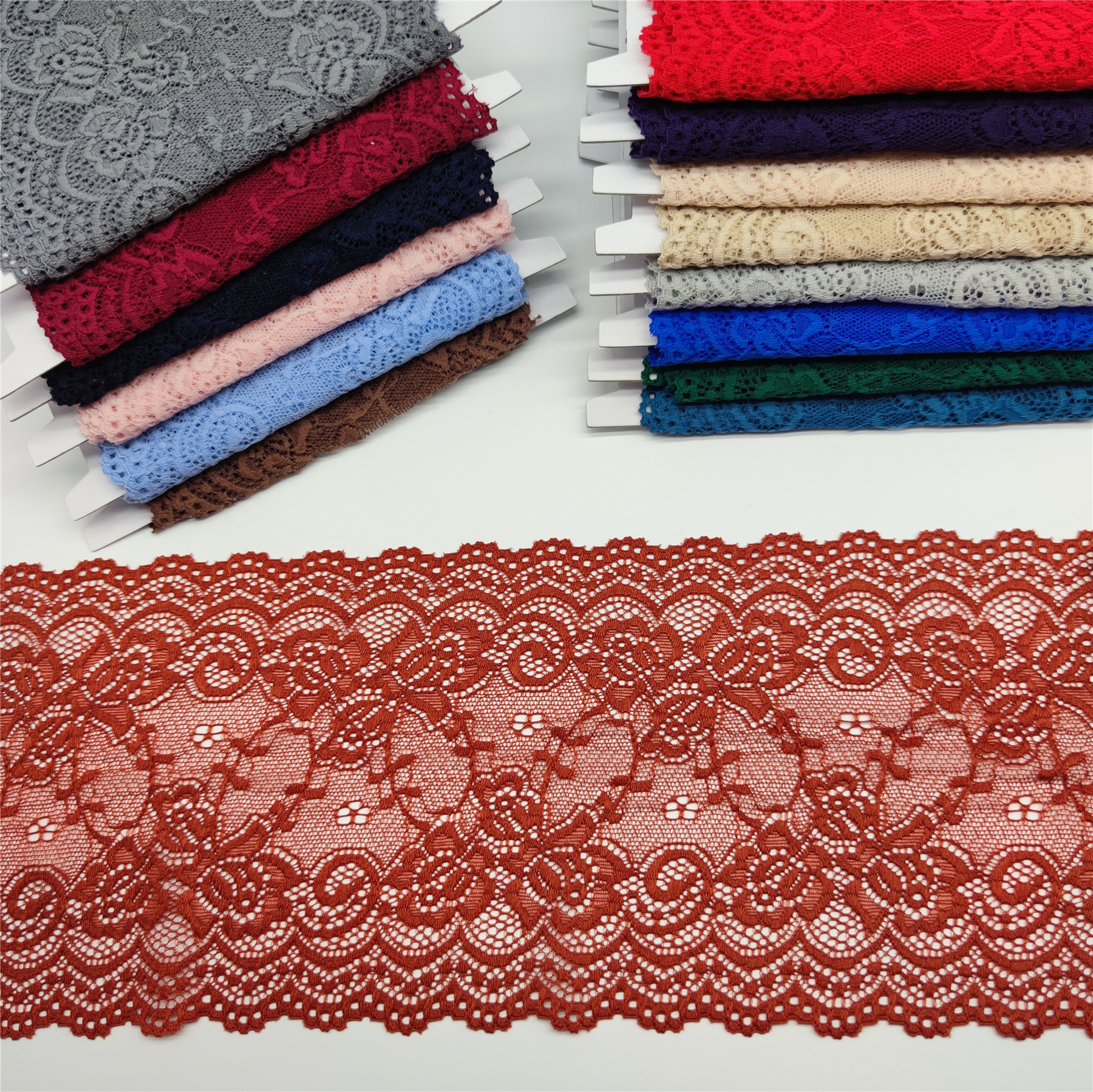 In stock: 15cm colored lace elastic embossed lace knitted nylon silk underwear with thickened trouser cuffs and lace edges