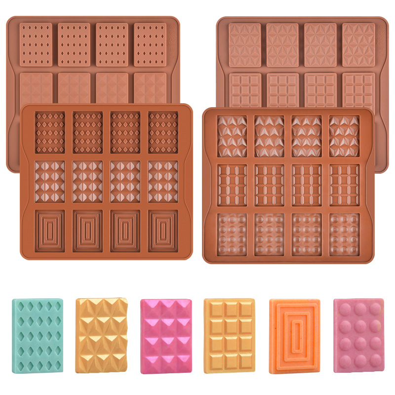 Direct sales of chocolate silicone molds in stock, 12 pieces, multi-shaped baking molds, hand-baked molds, rectangular shapes Application Scenario