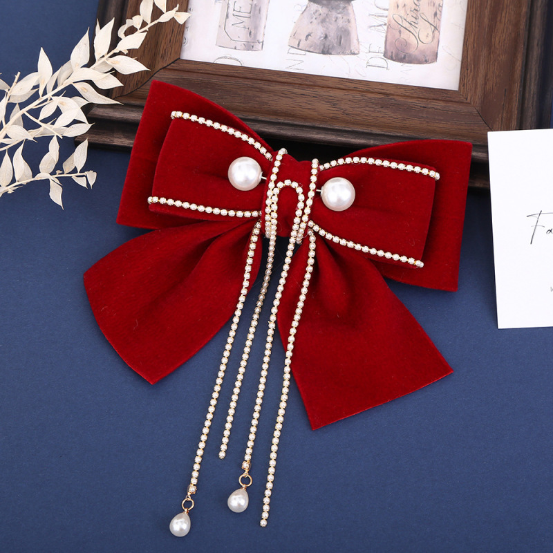 Red Velvet Bow Tiara Bride Engagement Wedding Hair Accessories Toasts Vintage Style Hair Clip Accessories details Picture