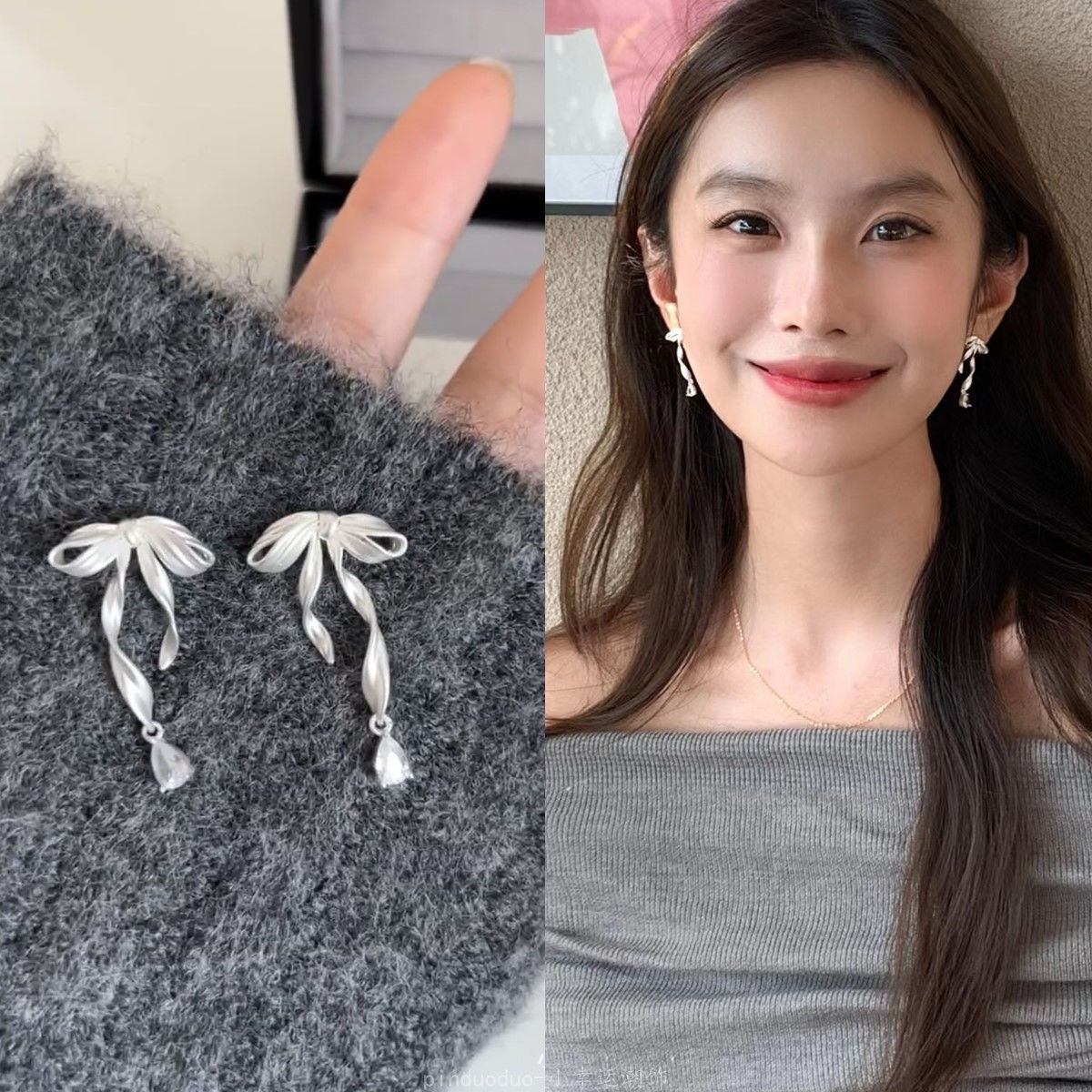 Pure white ribbon bow ~ Matte metal ribbon girlish bow stud earrings and earrings, exquisite and niche Hong Kong style