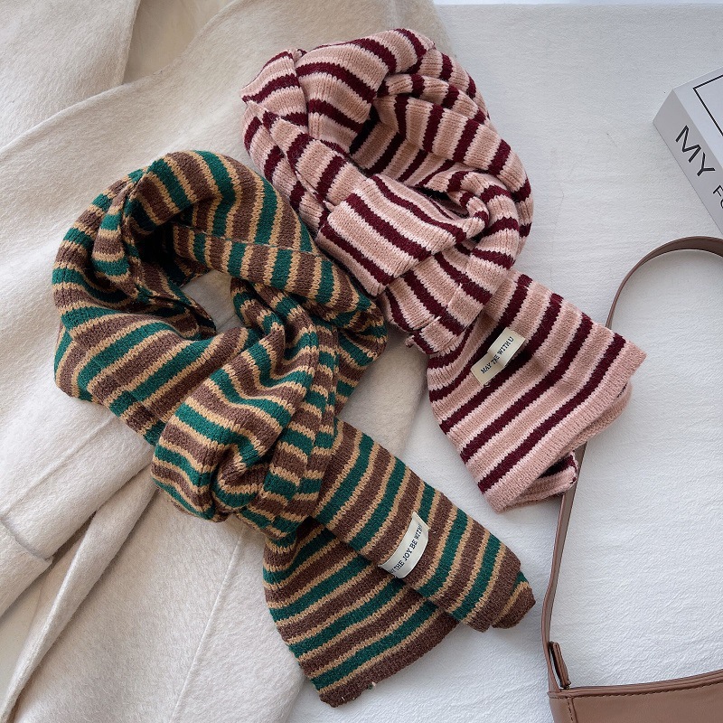 Cashmere Striped Knitted Scarf For Women 2022 Winter New High-Grade Korean Version Of All Couples Warm Neck