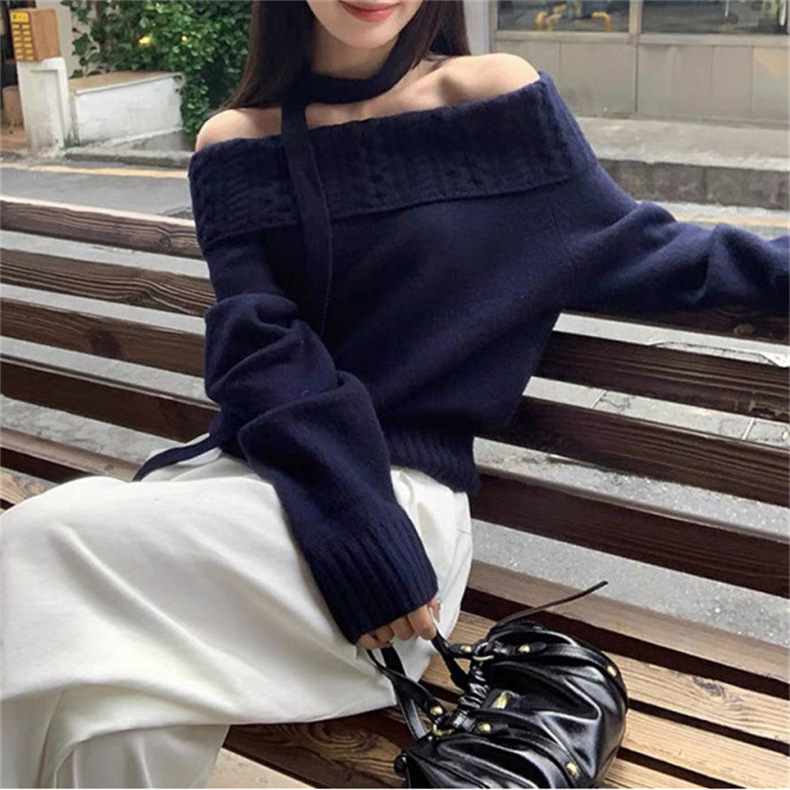 木子那那高级感一字肩毛衣女秋季穿搭针织衫上衣新款韩系软糯露肩详情22
