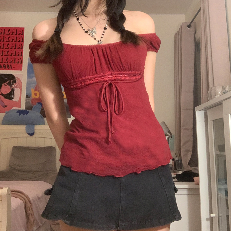 SU2758, a new sexy and elegant women's lace blouse with mesh fabric for export, featuring a pullover with a bow and a cinched waist details Picture