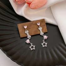 Silver needle sweet y2k girl heart pink love zircon earrings light luxury inlaid with diamond bone pentagram hollow earrings