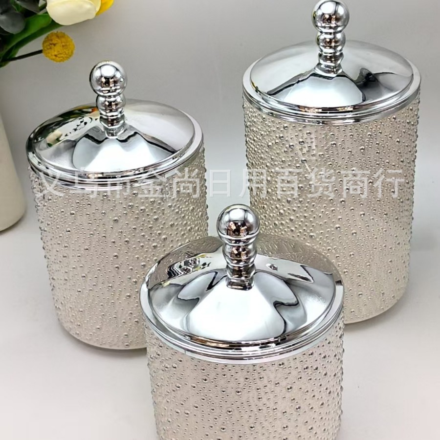Light luxury round bead lid rice bead plastic solid color transparent storage jar without base, candy jar with color box Specification image