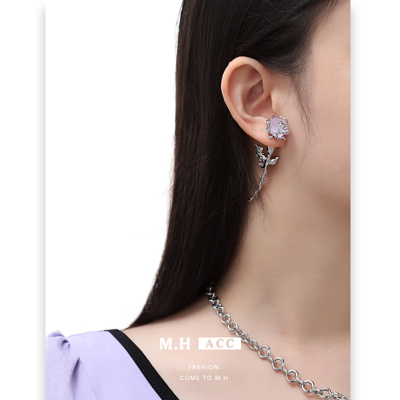 New Chinese-style metal rose earrings, women's imitation mineral resin, niche design sense, light luxury, sweet and cool S925 silver needle earrings
