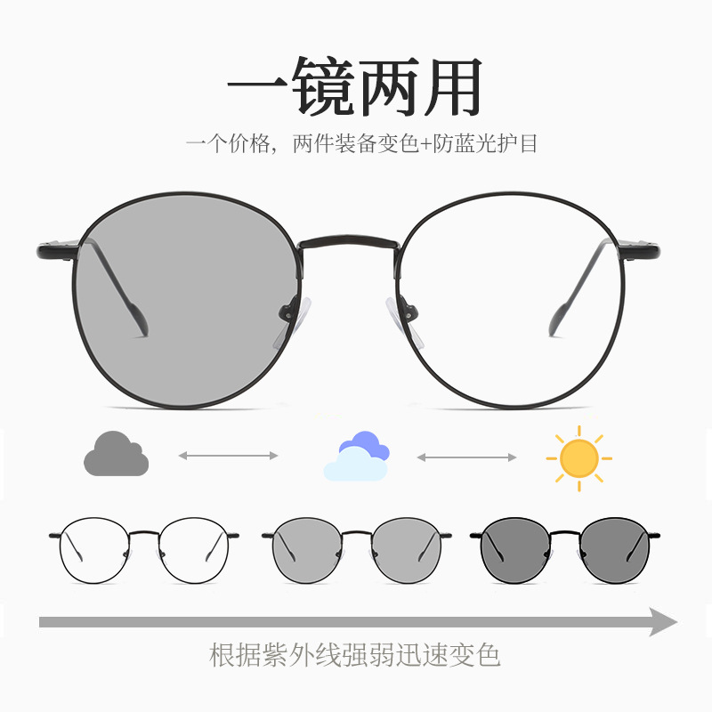2021新款金属眼镜架平光镜 跨境变色防蓝光男女同款 一镜两用详情图1