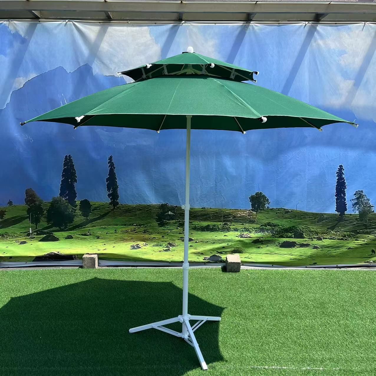 Wholesale outdoor 2.4-meter sunshade central column umbrellas, courtyard umbrellas, double-layer fiber umbrellas, wind-resistant double-top fiber bone beach umbrellas details Picture