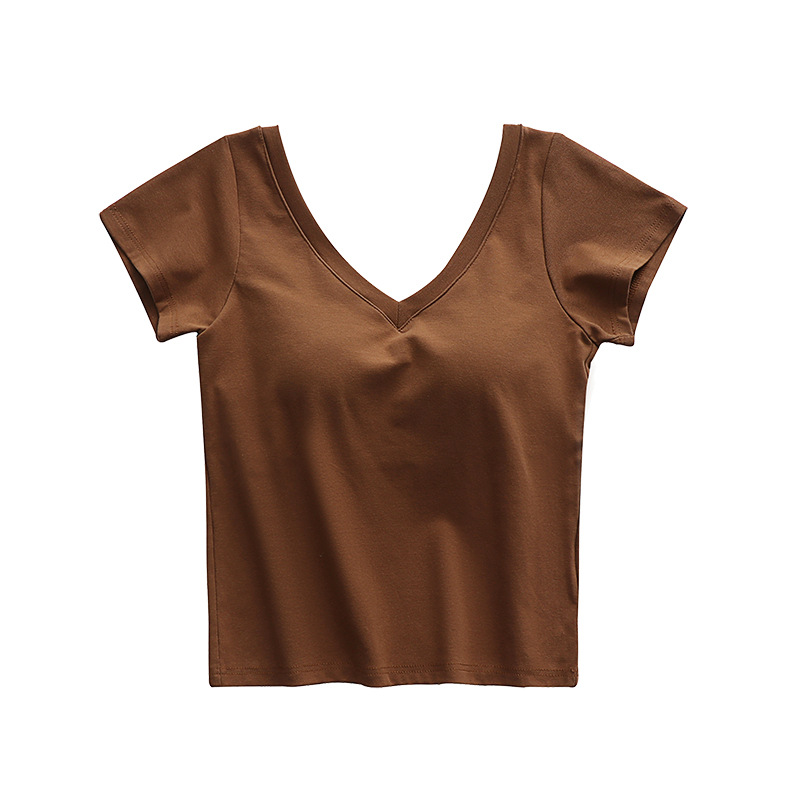 A no-bra V-neck short-sleeved T-shirt for women, made of pure cotton with a chest pad and cup, one-piece, petite, beautiful back and slimming top for summer Item Picture