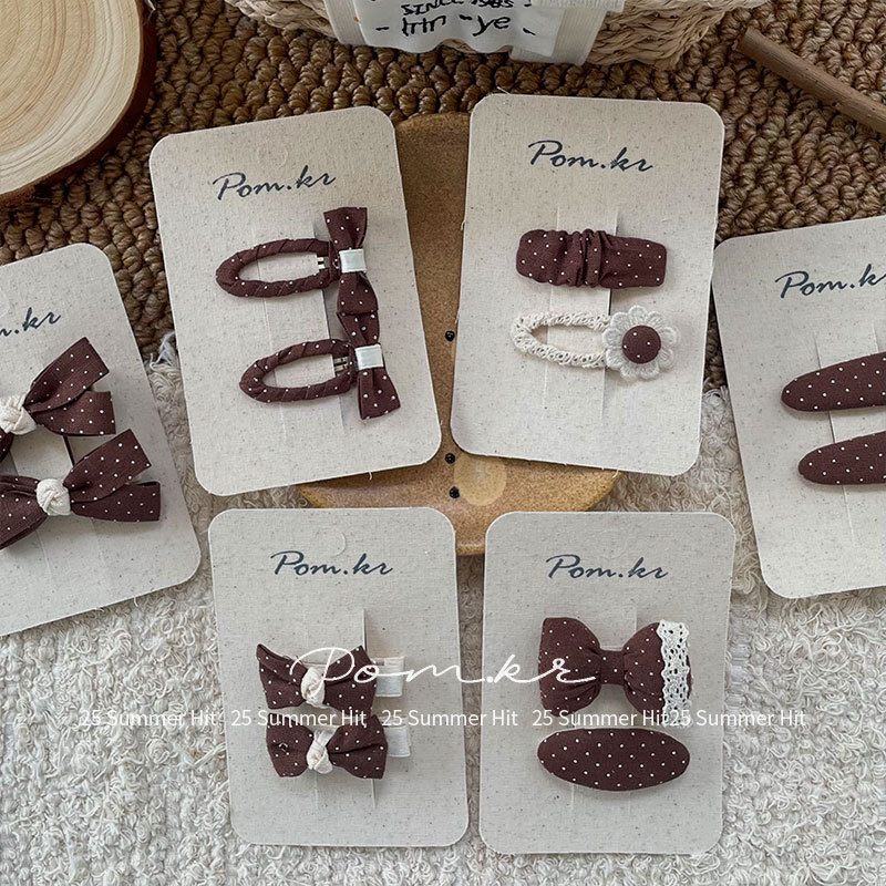 New Korean-style sweet coffee-colored polka dot hair clips, children's fabric bow, side fringed bangs clips, lace clips Specification image