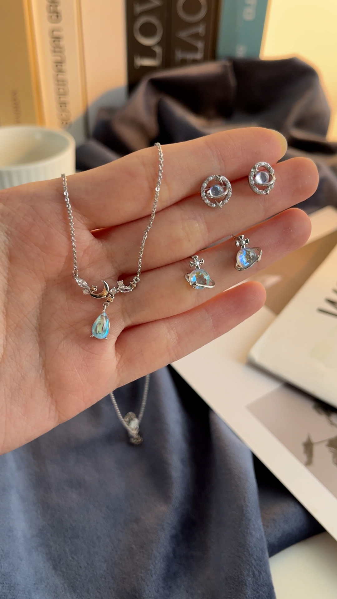 月光石锆石珍珠耳环女银针月亮水滴锆石项链精致设计感高级耳钉耳