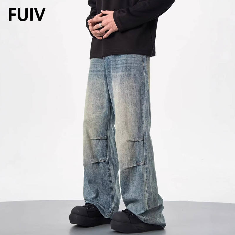 FUIV Spring American high street men's and women's streetwear brand washed casual loose straight-leg retro versatile wide-leg jeans