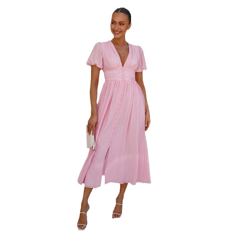 Cross-border European and American 2024 women's new solid-color V-neck long puffed sleeve oversized hem slimming dress Item Picture