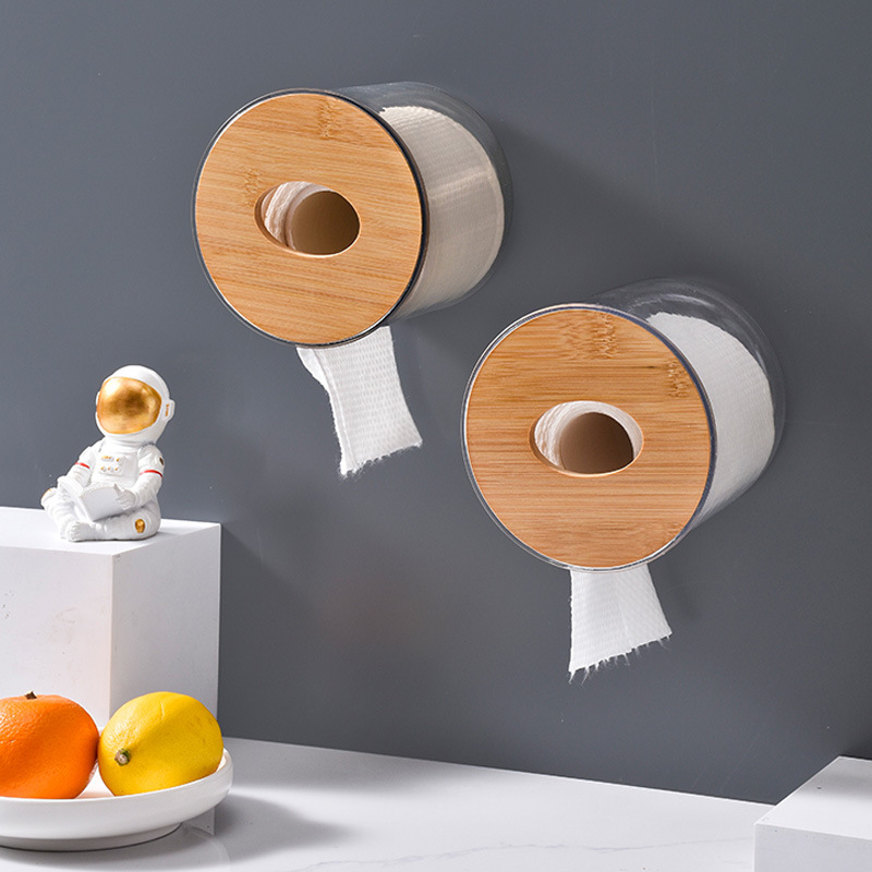 Creative circular plastic storage tissue box, household tissue box, bamboo and wood lid, hotel wall-mounted bathroom tissue rack Application Scenario