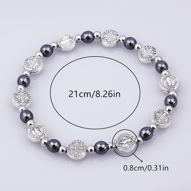 Europe And The United States Cross-Border Foreign Trade Temu Hot Selling Retro Cross St. Benedict Black Gallstone Elastic Bejeweled Bracelet Men And Women's Baptism Bracelet Couple Gift Manufacturers Wholesale Specification drawing