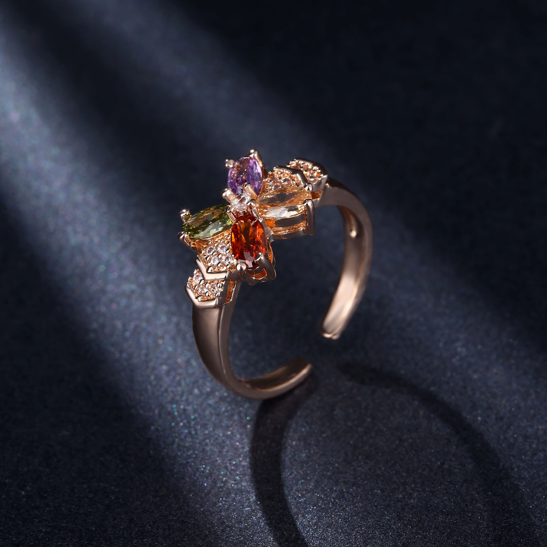 Kasi Jewelry's seven-color crystal zircon ring, Mona Lisa four-leaf clover open adjustable ring wholesale Specification image