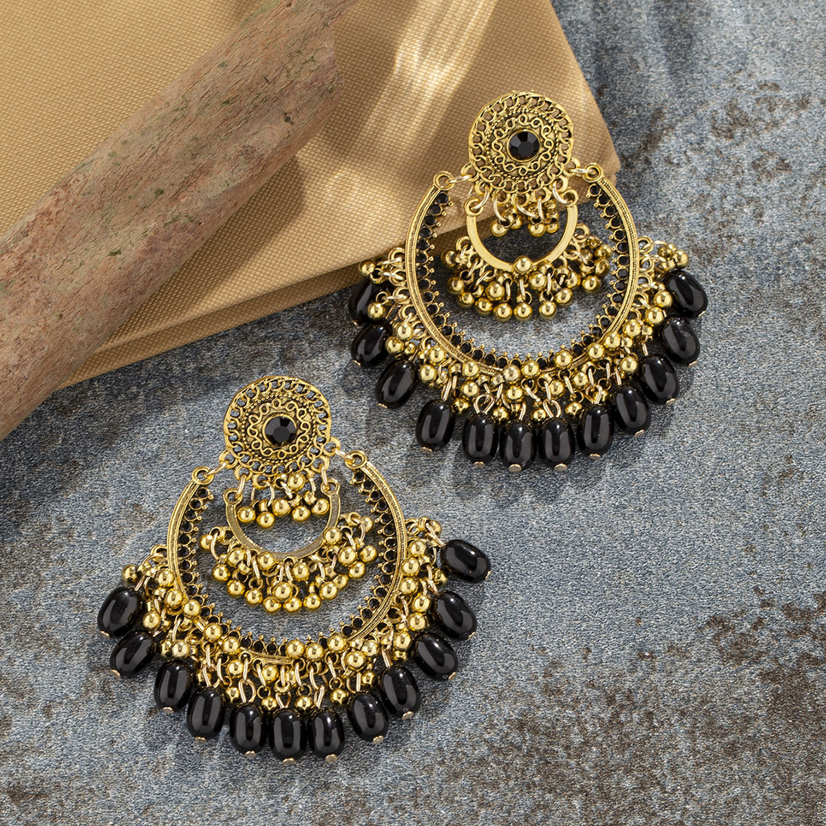 European and American oversized retro earrings, Bohemian exotic style hollowed-out earrings, ethnic style bell tassel earrings for women Specification image