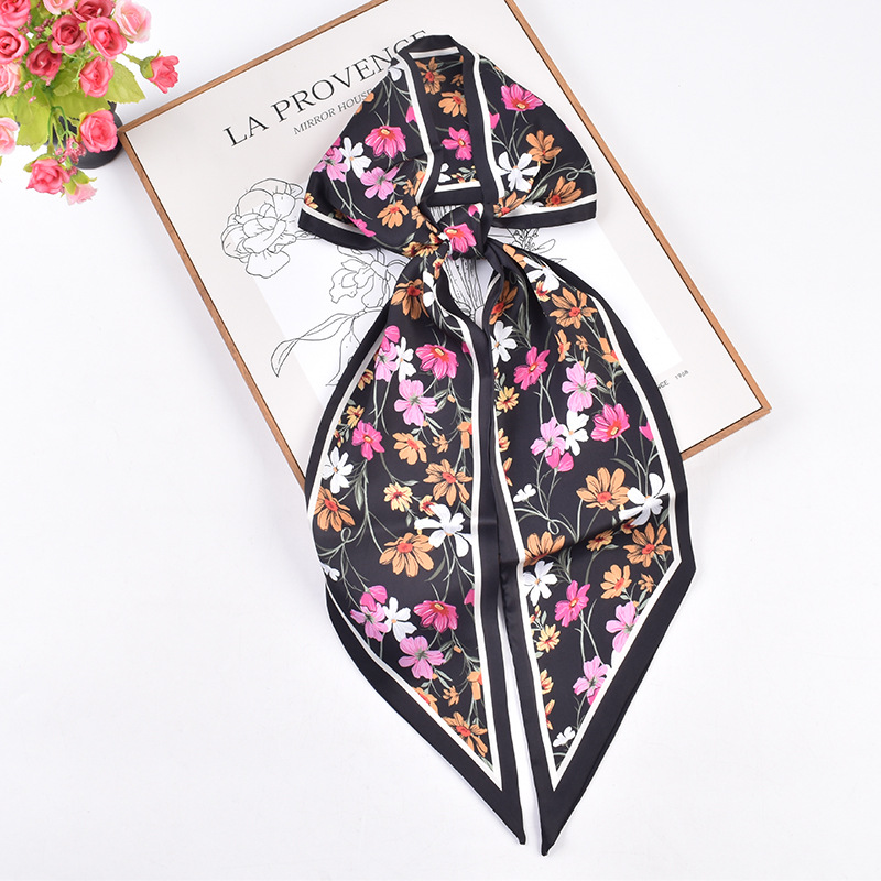 夏季新款时尚甜美自然小花朵图案印花双层长条斜角小领巾丝巾配饰图