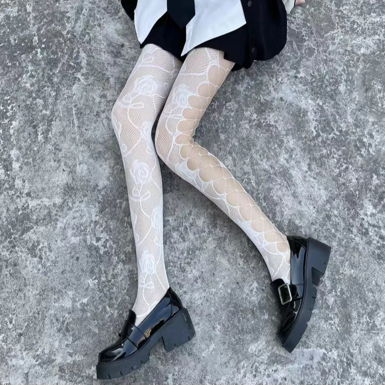 跨境新款性感镂空渔网袜甜酷辣妹连裤袜子洛丽塔玫瑰花黑丝渔网袜