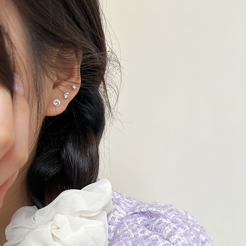 Round zircon 925 sterling silver screw buckle ear piercing stud, simple and cold style for women, ear bone stud E9757 Application Scenario