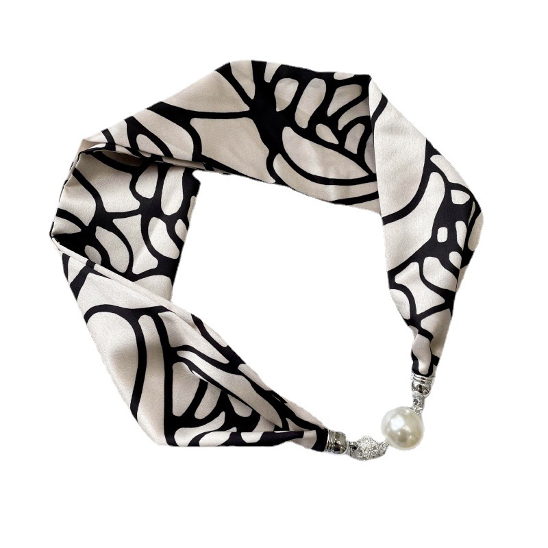 French retro lazy summer pearl silk scarf necklace, collarbone neckerchief, stylish and elegant hair band, women's thin scarf Item Picture