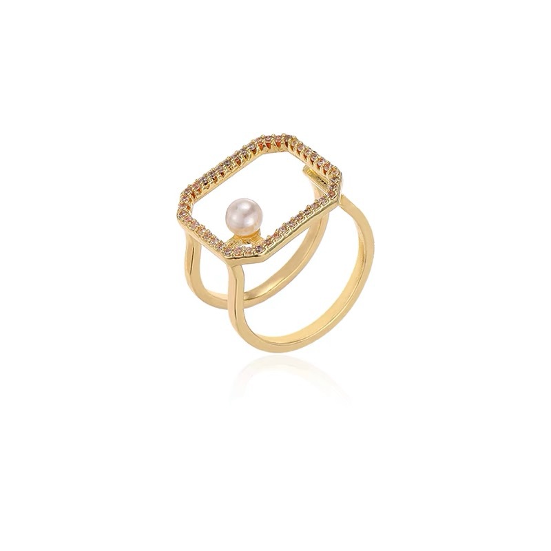 Korean Version Personality Pearl Open Ring Female Niche Ins Style Simple Temperament Geometric Square Index Finger Ring Wholesale Item Picture